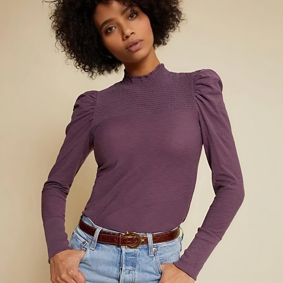 Nation LTD The Zahara Tee Jersey Knit Puff Shoulder's Smocked Mock Neck Size M - Picture 1 of 13